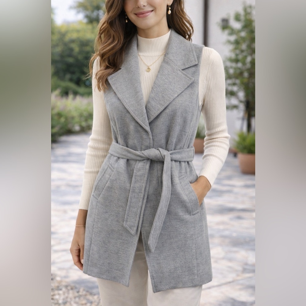 Oasis Gray Sleeveless Long Vest XS Belted Duster Quiet Luxury Office Chic